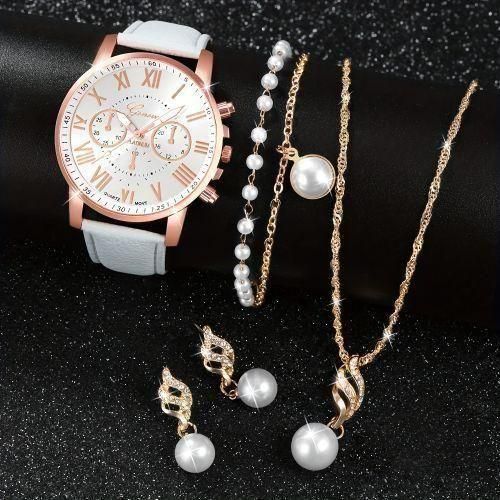 product_image_name-Fashion-Ensemble de bijoux 5 pièces montres pour femmes, aiguilles rondes, bracelet en cuir PU décontracté-3