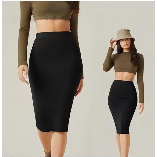 product_image_name-CALLIARA-Jupe midi bodycon noire à haute taille, jupe crayon ajustée pour femme au bureau-1