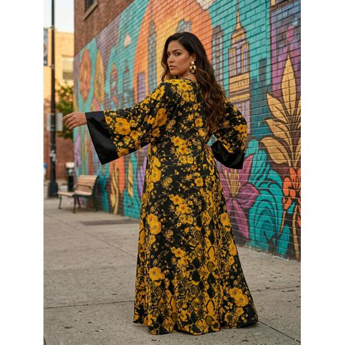product_image_name-Generic-Abaya Noire à Fleurs Dorées – Caftan Imprimé Floral – Manches Évasées Satin-3