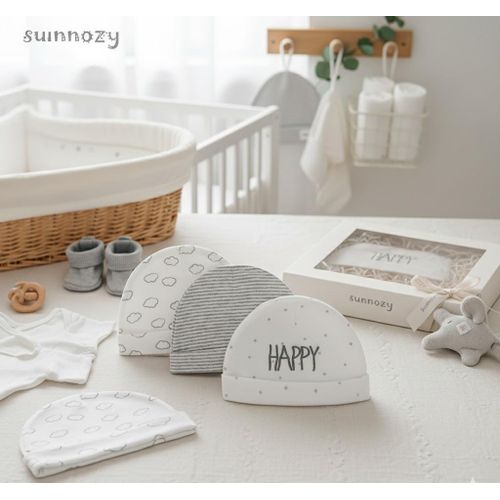 product_image_name-Generic-Lot de 3 Bonnets de Naissance pour Bébé, Blanc et Gris, en Coton Doux – Motifs Adorables et Rayures Classiques-1