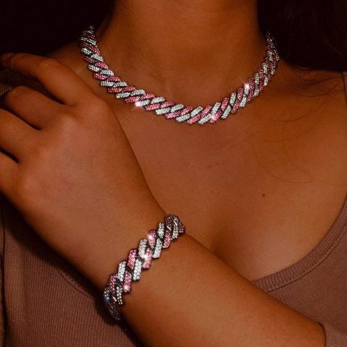 product_image_name-ARHANORY-2 pièces/ensemble Chaîne à maillons rose pour homme Collier et bracelet cubains Bijoux hip-hop Miami Iced Out-5