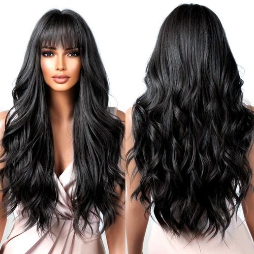 product_image_name-SXCHEN-Perruque Synthétique Longue Ondulée Noire Résistante à  La Chaleur Avec Frange Pour Femme-1