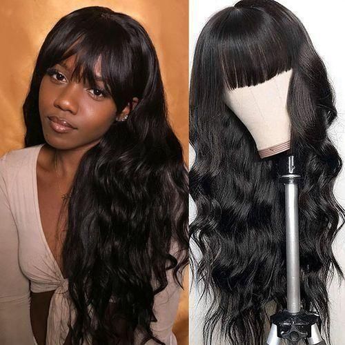 product_image_name-SXCHEN-Perruque Synthétique Longue Ondulée Noire Résistante à  La Chaleur Avec Frange Pour Femme-6