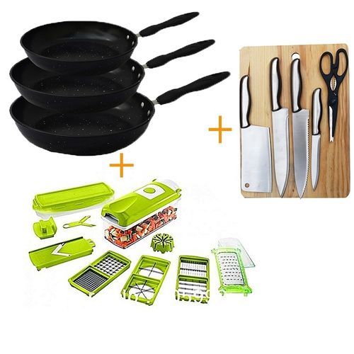 product_image_name-Generic-Set de Couteaux + Planche à Découper- 6 Pièces + Nicer Dicer - Vert + Lot de 3 Poêle- Antiadhésif-1