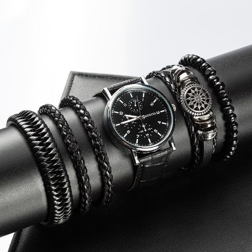 product_image_name-Fashion-Montre quartz en cuir 2 EN 1 pour hommes + Ensemble de bracelets pour hommes - Noir-1