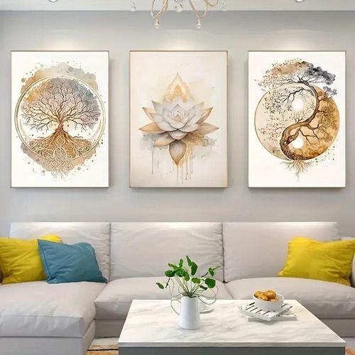 product_image_name-Generic-Ensemble de 3 affiches décoratives artistiques sur toile - Motifs modernes Arbre de Vie et Lotus-3