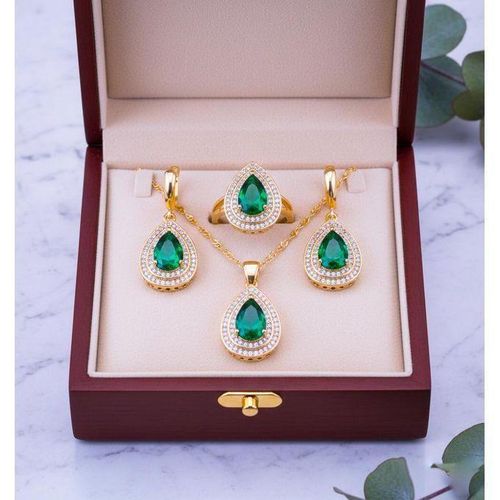 product_image_name-Generic-Parure de Bijoux Femme Luxe - Plaqué Or 24K - Collier, Bague & Boucles d'Oreilles - Cristal Vert Émeraude & Zircon-1