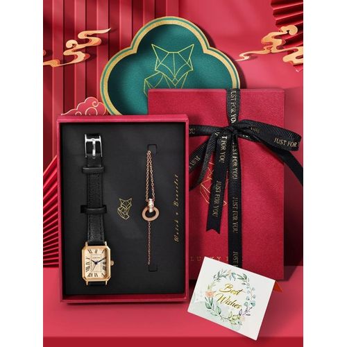 product_image_name-Generic-Coffret cadeau LUCKY FOX: Montre en simili cuir avec fond Doré et Bracelet en Acier - Noir-1