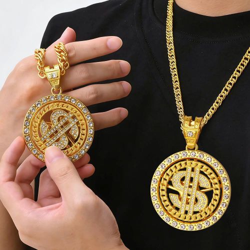 product_image_name-ARHANORY-Colliers pour homme avec chaîne cubaine et pendentif « $ » rotatif Chaîne Bijoux hip-hop - Or-7