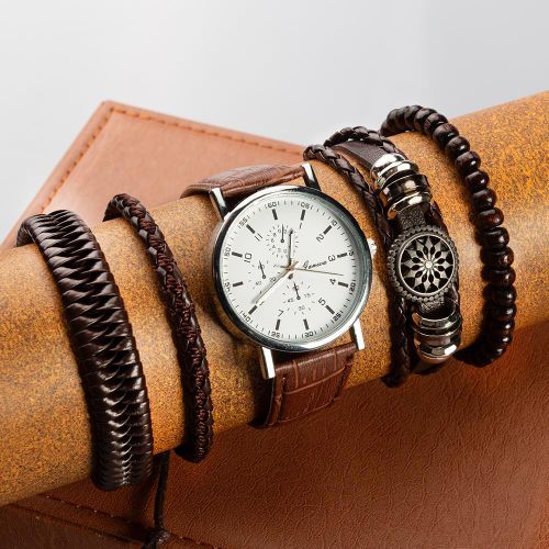 product_image_name-Fashion-2 EN 1 Montre Quartz en Cuir pour Hommes + Ensemble Bracelet pour Hommes - Marron-1