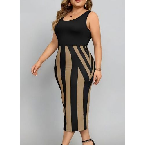 product_image_name-CALLIARA-Robe bodycon midi sans manches grande taille à rayures color block Lady, robe de bureau ajustée style européen et américain-1