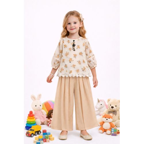 product_image_name-Other-Ensemble Fille Élégant avec Haut Ivoire à Motifs Floraux et Pantalon Large Ivoire-3