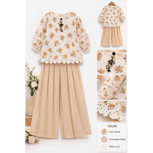 product_image_name-Other-Ensemble Fille Élégant avec Haut Ivoire à Motifs Floraux et Pantalon Large Ivoire-4