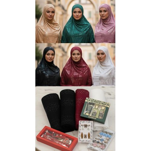product_image_name-Generic-Pack hijab de Luxe : 3 Voiles à motif floral + Coffret produits Parfumée + Collection d'Épingles & Barrettes à Voile + boite chapelet-1