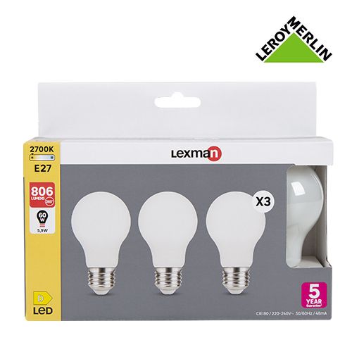 Ampoule led, E27, 806lm = 60W, blanc chaud, LEXMAN