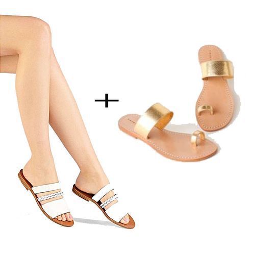 Generic Pack de 2 Sandales Simili Cuir Femme Blanc Dor