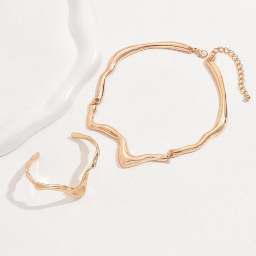 product_image_name-Fashion-Ensemble de Bijoux 2 Pièces pour Femme, Collier Torque Ondulé Doré + Bracelet Ouvert, Style Minimaliste-5