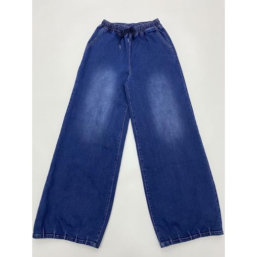 Jean Wide Leg Évasé pour Femme – Pantalon en Jean Denim Taille Haute Élastique avec Cordon de Serrage (Couleur Bleu Brut)
