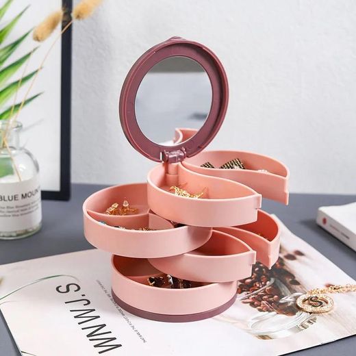 Generic Boîte rangement à bijoux multicouche, support rotatif pour bijoux, boucles d'oreilles, bagues & miroir