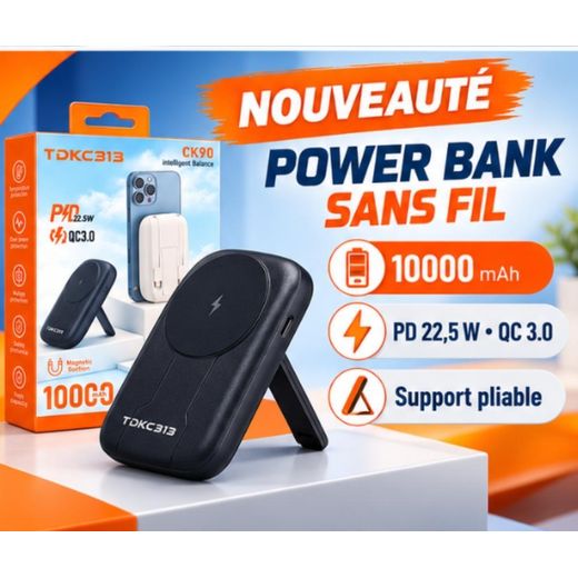 TDK Power Bank filaire et Magnétique 10 000 mAh avec Support Pliable