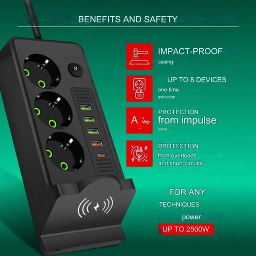 Generic Rallonge électrique avec Prise USB Type C UE, prise électrique, charge sans fil, 2500W - image 3