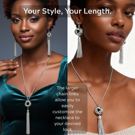 iyooyoo Ensemble collier et boucles d’oreilles à pampilles circulaires 3 pièces pour femme, bijoux argentés à longues franges, style bohème élégant et affirmé - image 3