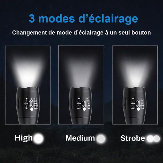 Mythco Lot de 2 lampes torches LED rechargeables, 1000 lm, 3 modes, zoom réglable, usage domestique et camping - image 4