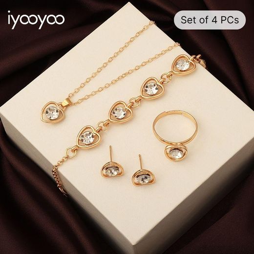 iyooyoo 4 pièces – Ensemble de bijoux pour femme (collier, bracelet, boucles d’oreilles et bague), pendentif cœur doré avec strass blancs, cadeau pour elle