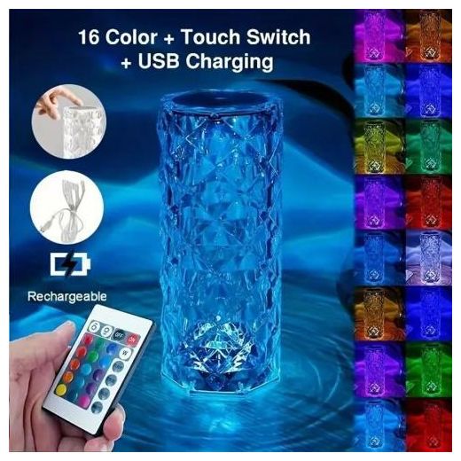 Generic 16 couleurs RGB télécommande acrylique cristal lampe de table intérieur touch ambiance rose cristal lampe de table décoration maison éclairage veilleuse - image 2