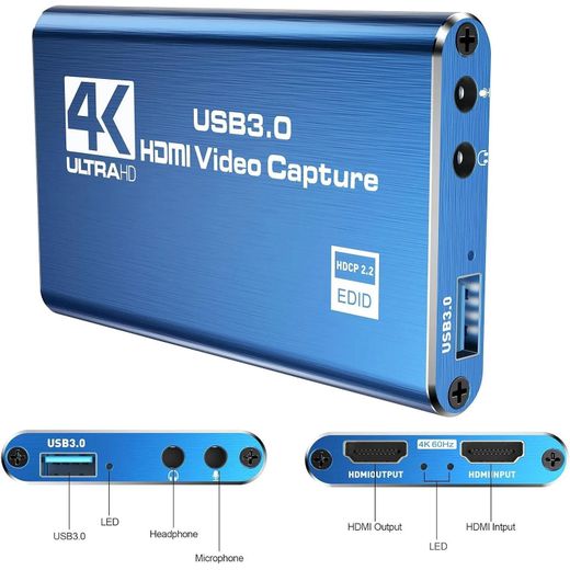 Generic Carte de capture vidéo, Carte de capture audio/vidéo, Carte de capture USB 3.0 (Prise en charge de la sortie en boucle HDMI 4K), Dispositif de capture vidéo de jeu 1080p 60 ips / 2K 30 ips - Bleu - image 2