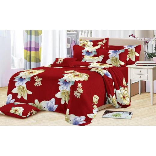 Drap double lit + 2 oreillers - 100% coton -couleur rouge fleur