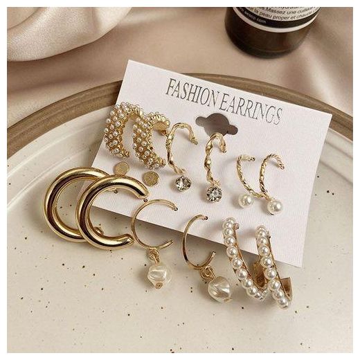 Fashion 9 Paires Boucles d'oreilles créoles pour dames avec diamants et perles - image 2