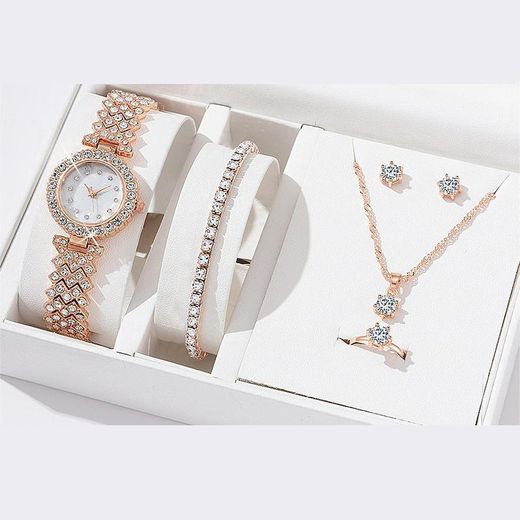 Fashion Ensemble Montre Collier Bague Boucles d'oreilles Bracelet pour Femme - Rose
