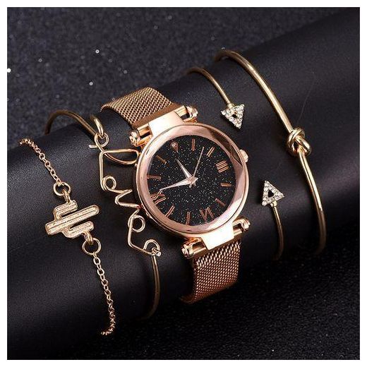 Fashion Ensemble 5 Pièces Montre pour Femmes Magnétique Voie Lactée avec Bracelet - Doré