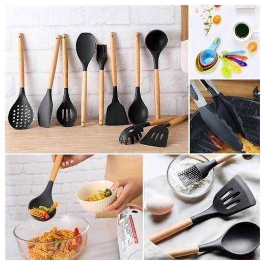 KIROTECH Set de Cuisine 11 Pièces en Silicone Sans BPA Résistant à la Chaleur avec Support et Poignées en Bois - image 2