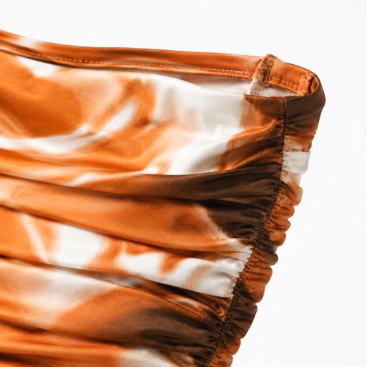 CALLIARA Robes courtes moulantes sans bretelles à fronces pour femmes, imprimé marbre marron - image 3