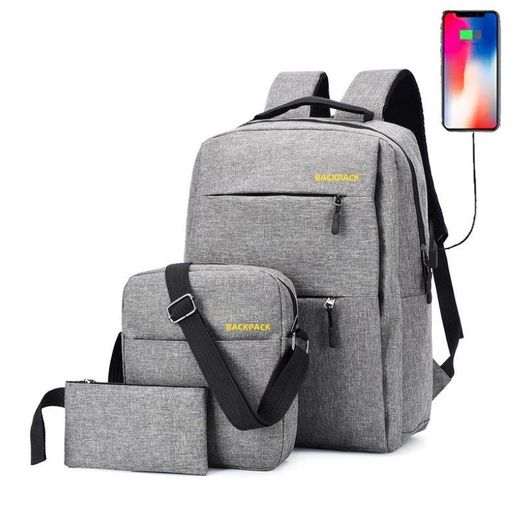 Bro Toumi Fashion 3 en 1 Sac à dos pour homme sac d'ordinateur couleur unie sac d'école décontracté portefeuille sac de messager-Grey
