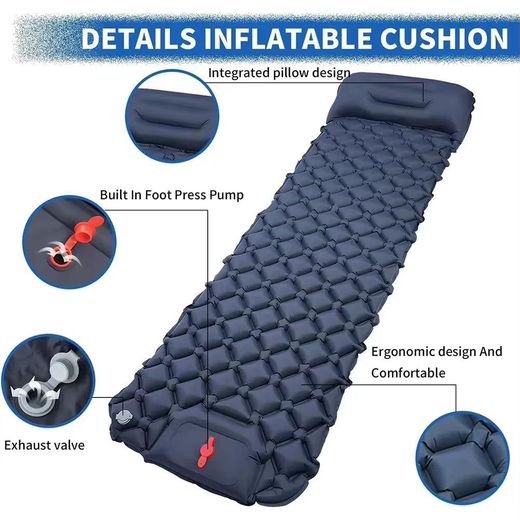 Generic Matelas d’air simple Camping extérieur matelas gonflable coussin de couchage avec oreillers tapis d’air Ultralight construit dans la pompe gonflateur randonnée sac à dos transport Ultra léger - image 2