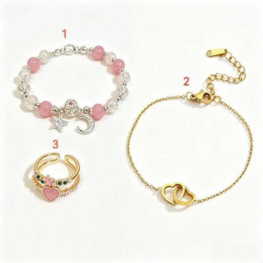 3-Piece Dainty Jewelry Set : Bracelet à Perles Étoilées, Bracelet Chaîne Cœur Doré et Bague Cœur Rose