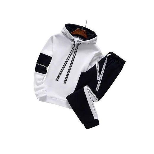 Fashion Ensemble de sport pour homme, survêtement de jogging décontracté, sweat à capuche et pantalon-03-noir/blanc - image 2