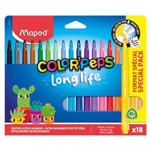 Maped Pochette de 18 Feutres de Coloriage Color'Peps Long Life - Pointe Moyenne Ultra Lavables