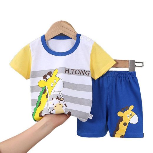 Fashion Ensemble T-shirt manches courtes en coton pur pour enfants, ensemble deux pièces manches courtes et short pour bébés - girafe