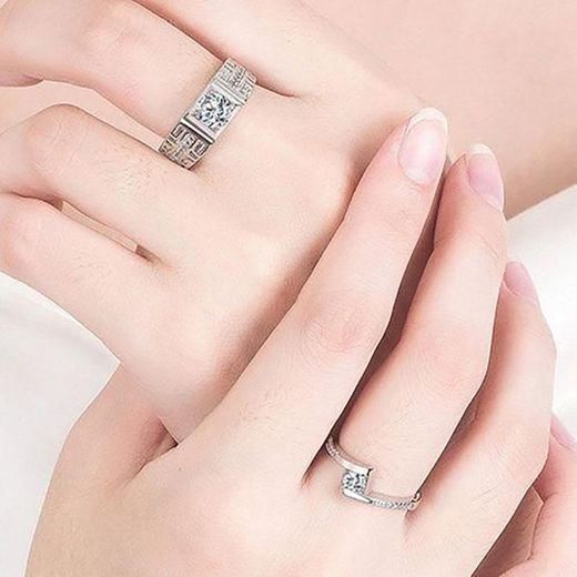 AIDAILU 2PCS Bague De Mariage Pour Couple Diamant Alliances De Fiançailles Réglable - Argent - image 2
