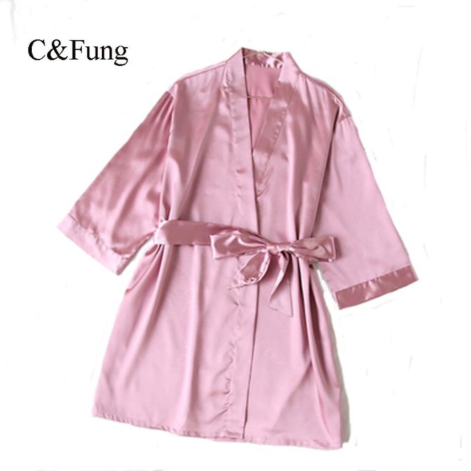 Generic C Fung Peignoir Femme Satin Robes Rose Fonce Champagne Uni Court Kimono Nuit Peignoir Pyjama Robe De