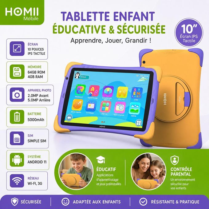 HOMII KIDS 10S - Tablette éducative - 10 pouces - 64 Go + 4