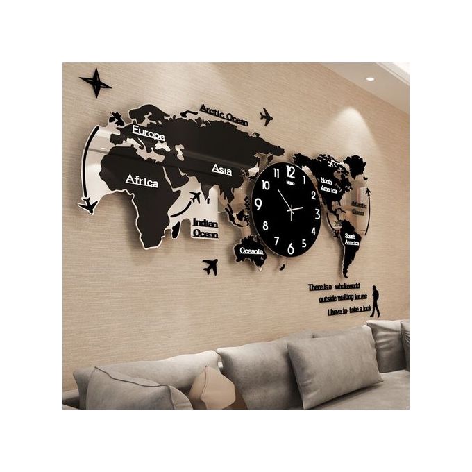 Montre Horloge Simple Carte Du Monde Noir