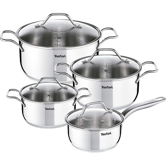 BONOOL 4 casseroles et poêles, Ensemble de 8 pièces en Acier Inoxydable  avec couvercles en Verre Droits à Bords roulés, ustensiles de Cuisine  (Couleur