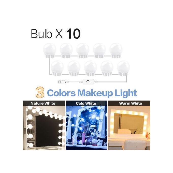 Generic 10pcs Lumière LED Pour Miroir De Maquillage Courtoisie  D'Hollywood,3 Modes Couleurs, Ampoule USB 12V - Prix pas cher