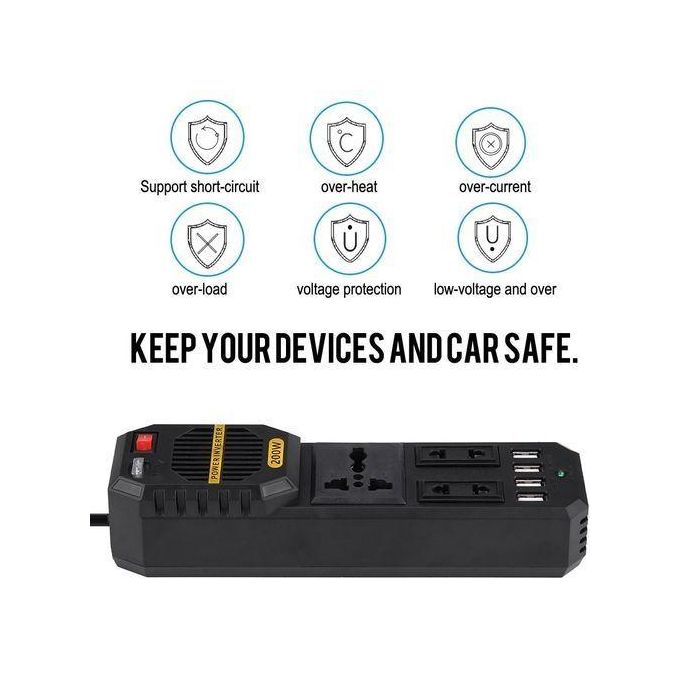 Onduleur Voiture 200W 12V Vers 220V - 4 Ports USB, Protection Complète, Pour Ordinateur, Téléphone, Camping