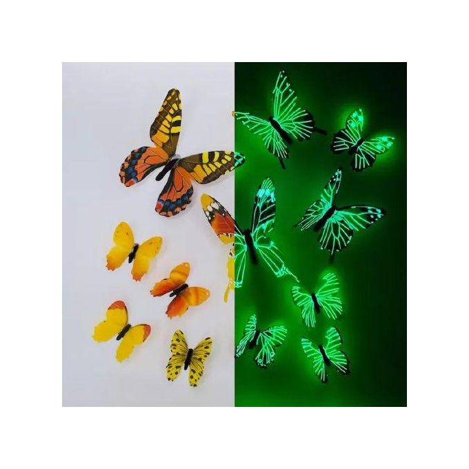 12 Autocollants Papillons Lumineux - Stickers Muraux Déco Chambre - Effet Brillant Dans Le Noir - Bleu Et Orange - 1